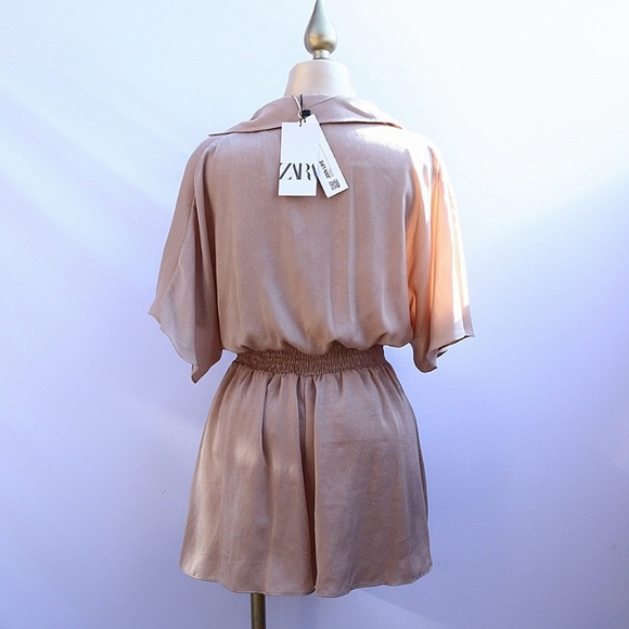 Brand New Zara Taupe Brown Satin Effect Knot Romper Size Small - Picture 7 of 12